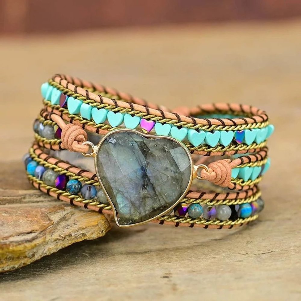 Heart Labradorite Hematite Bohemian Handmade Healing Chakra Women Bracelet Gifts